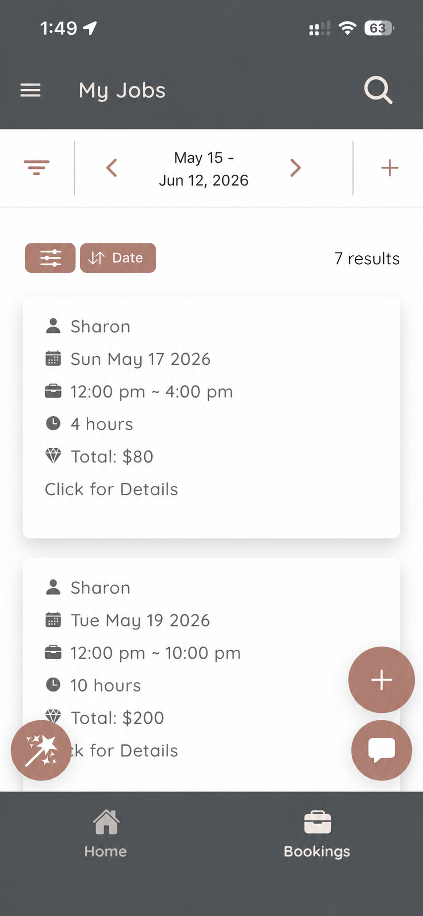 Sitters Co app showing upcoming family bookings