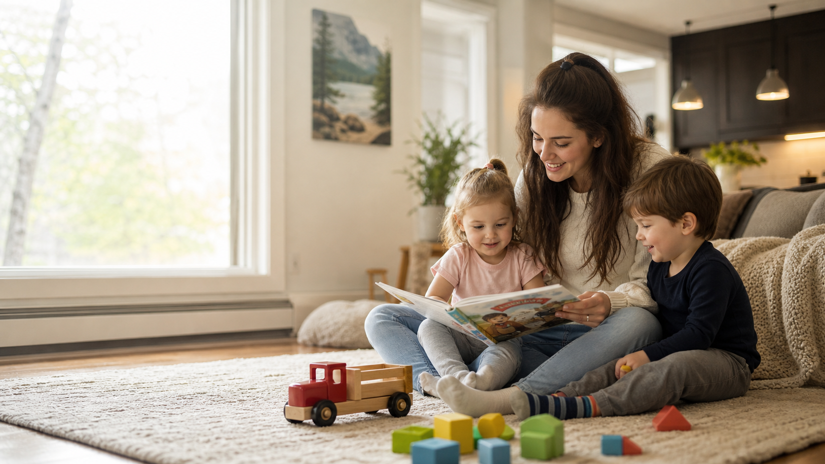 A caregiver reading with two young children at home