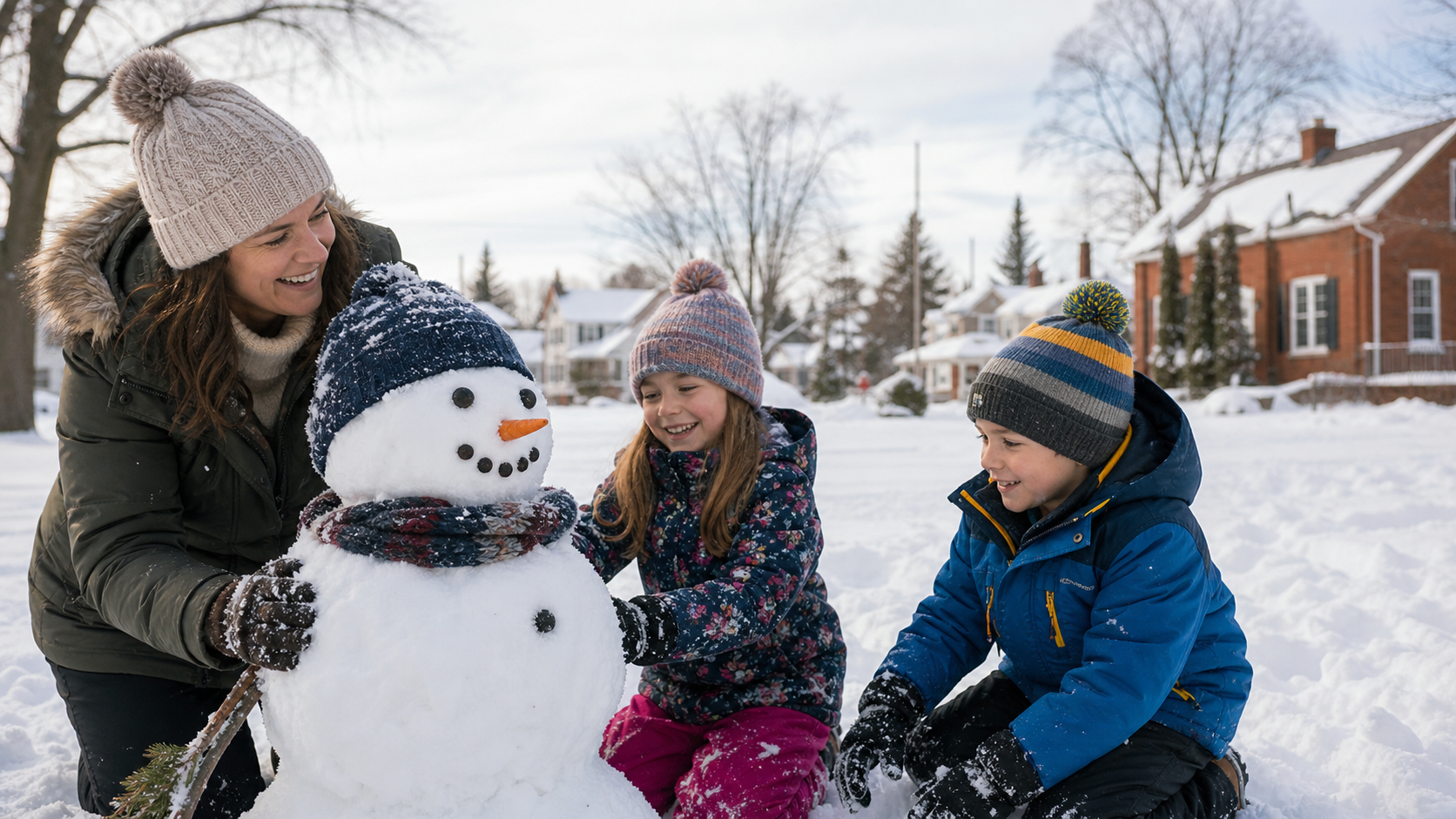 Caregiver building a snowman with two children in a small community