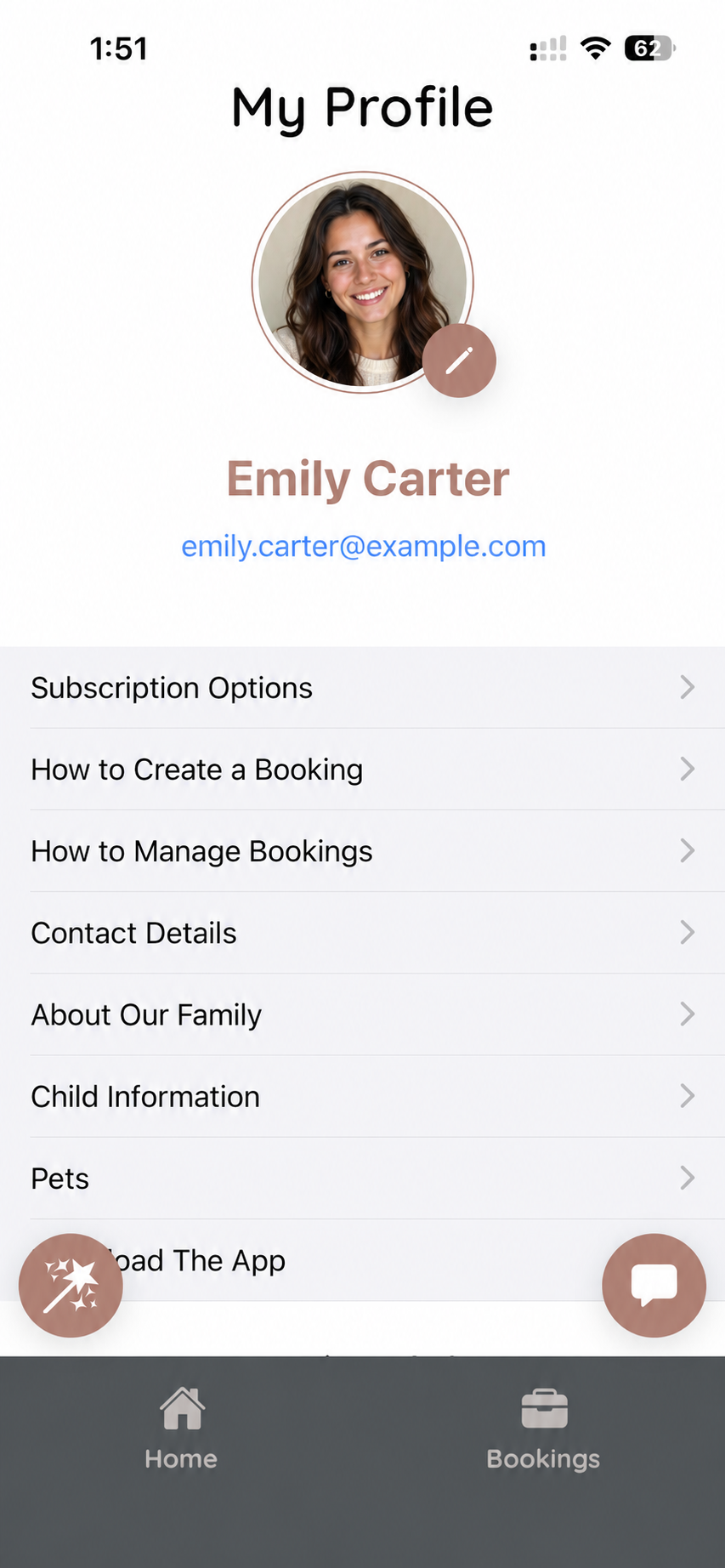 Family profile screen with subscription, child info, and pets sections
